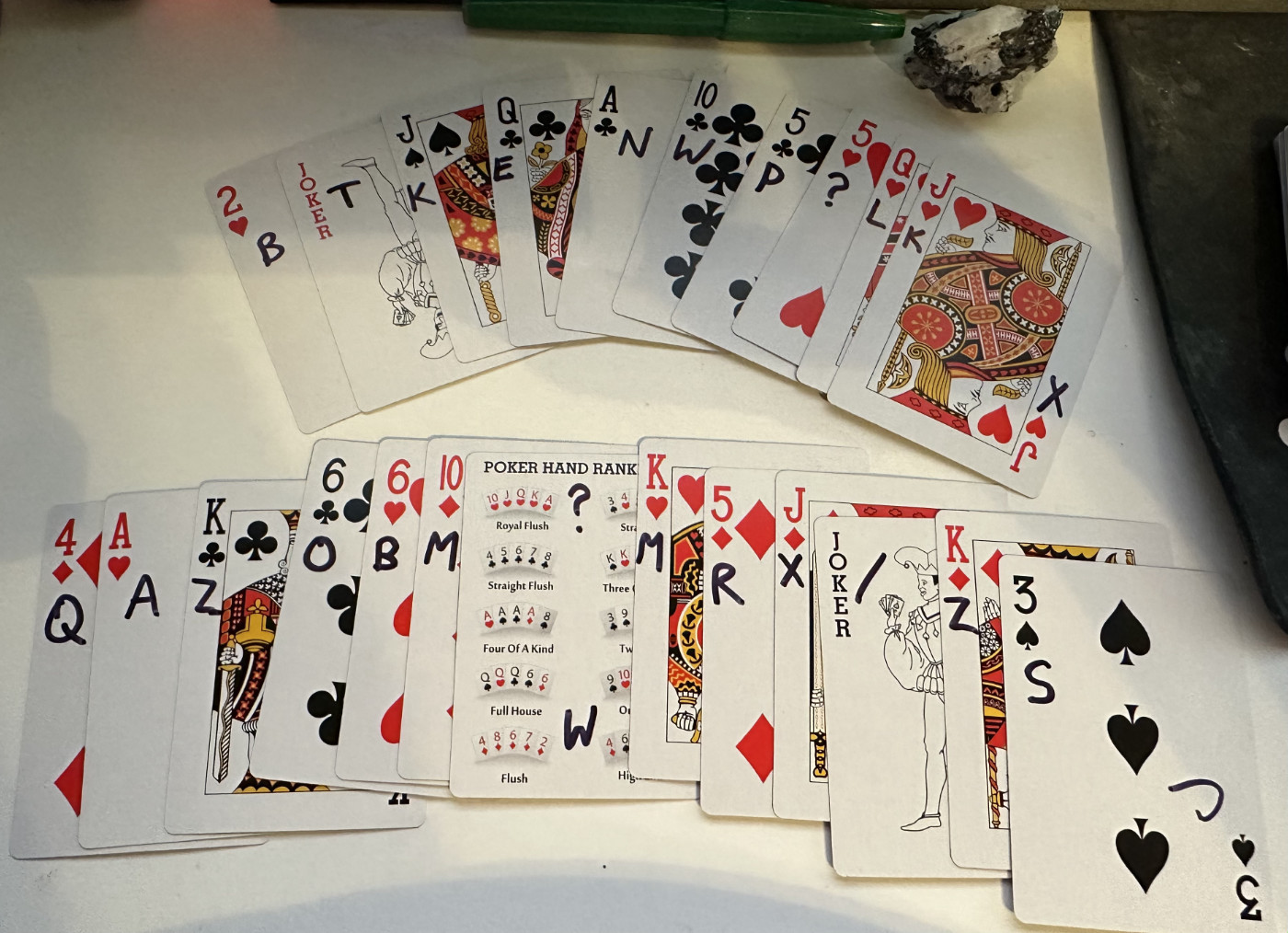 playing cards but not for playing playing cards with letters inscribed